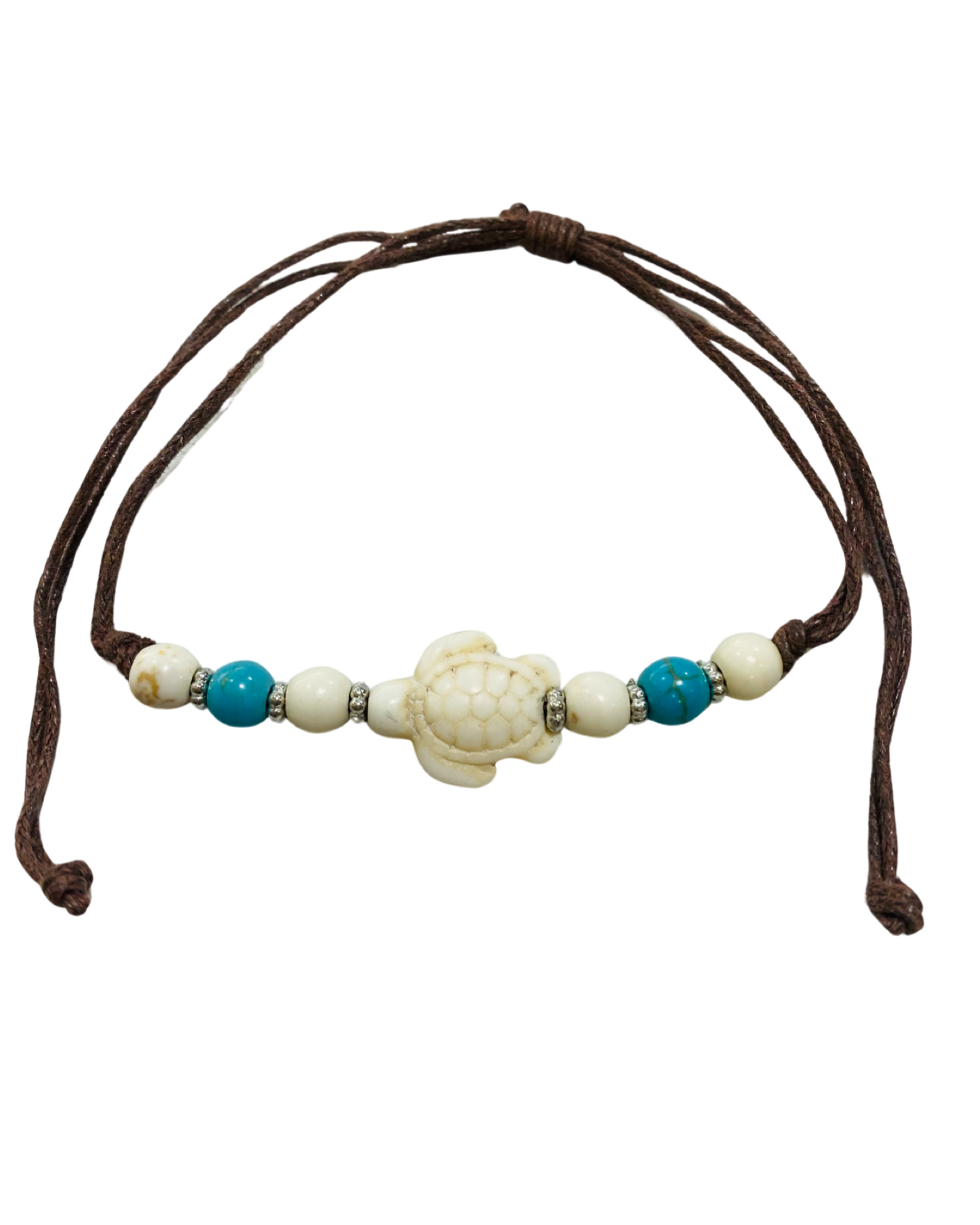 Brown Cord Blue & White Beads with White Turtle
