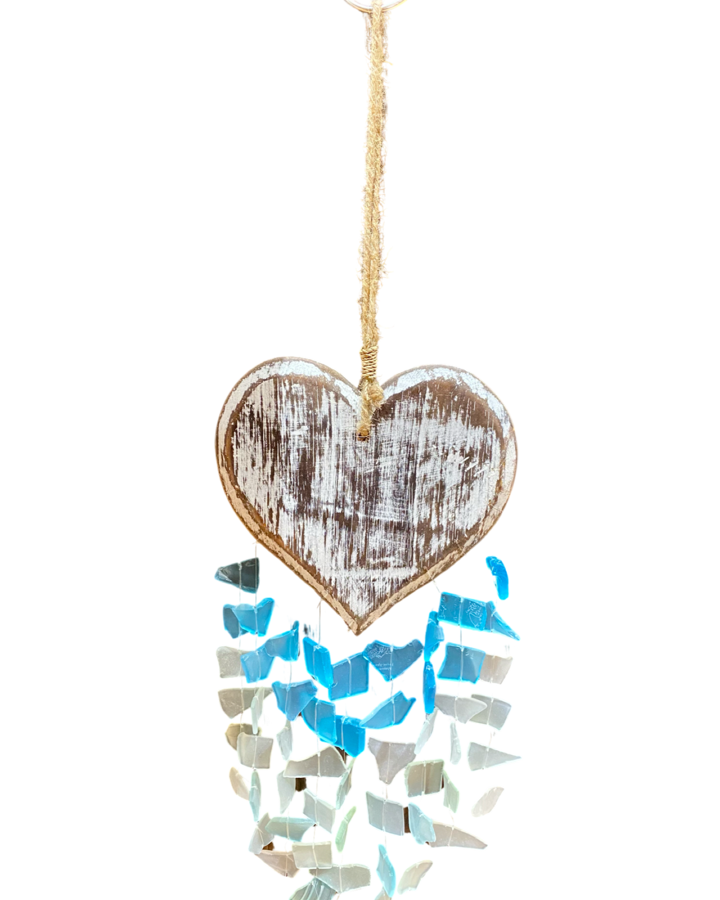 Wooden White Wash Heart & Seaglass Hanger