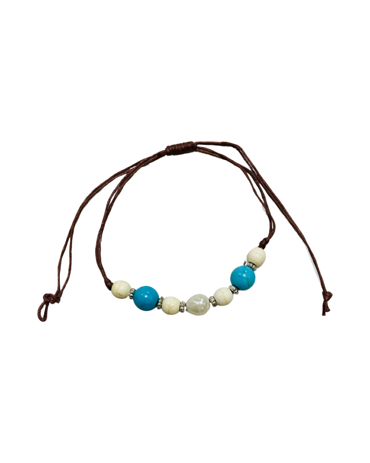 Brown Cord Blue & White Beads with Pearl