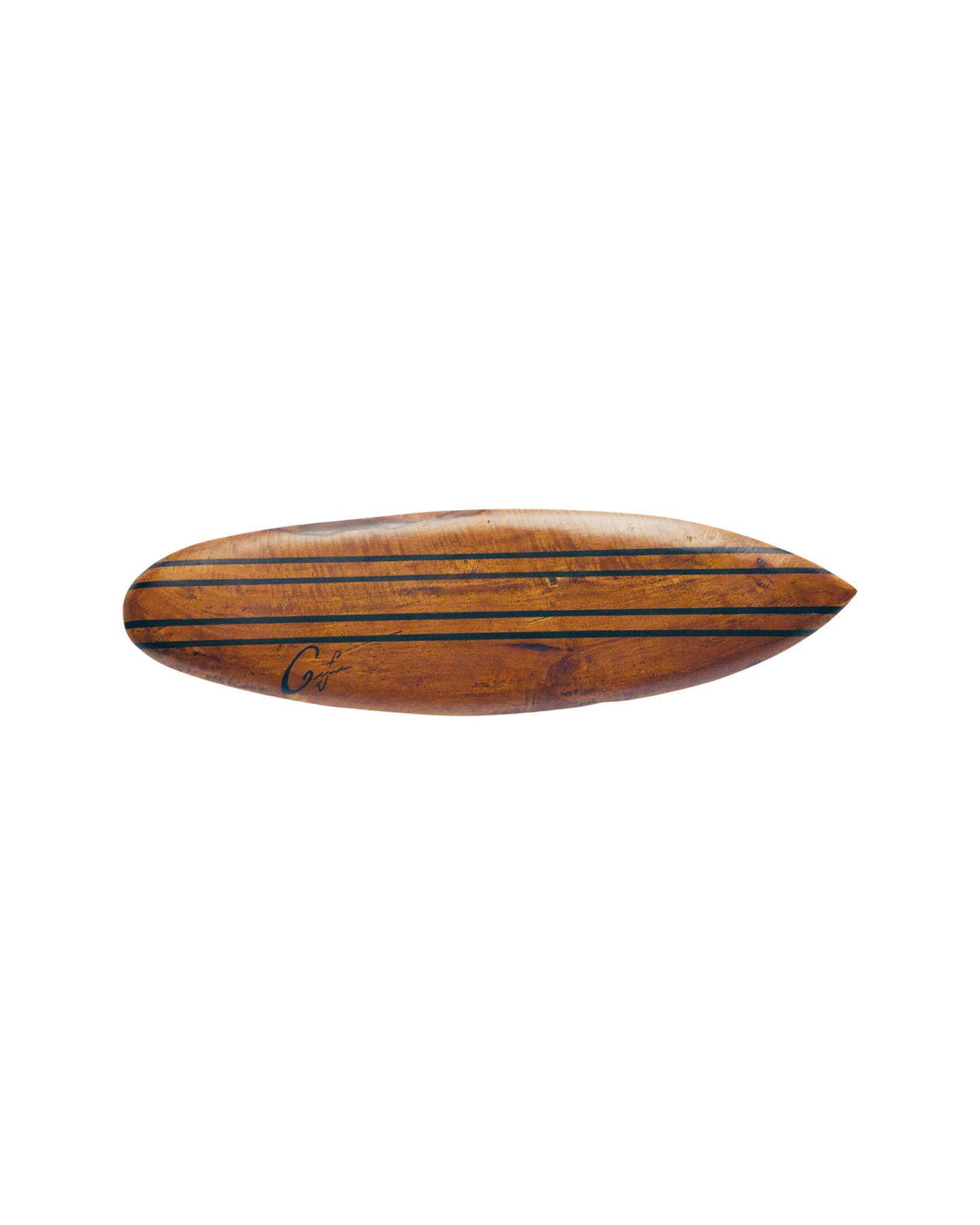 A brown wooden mahogany surfboard.