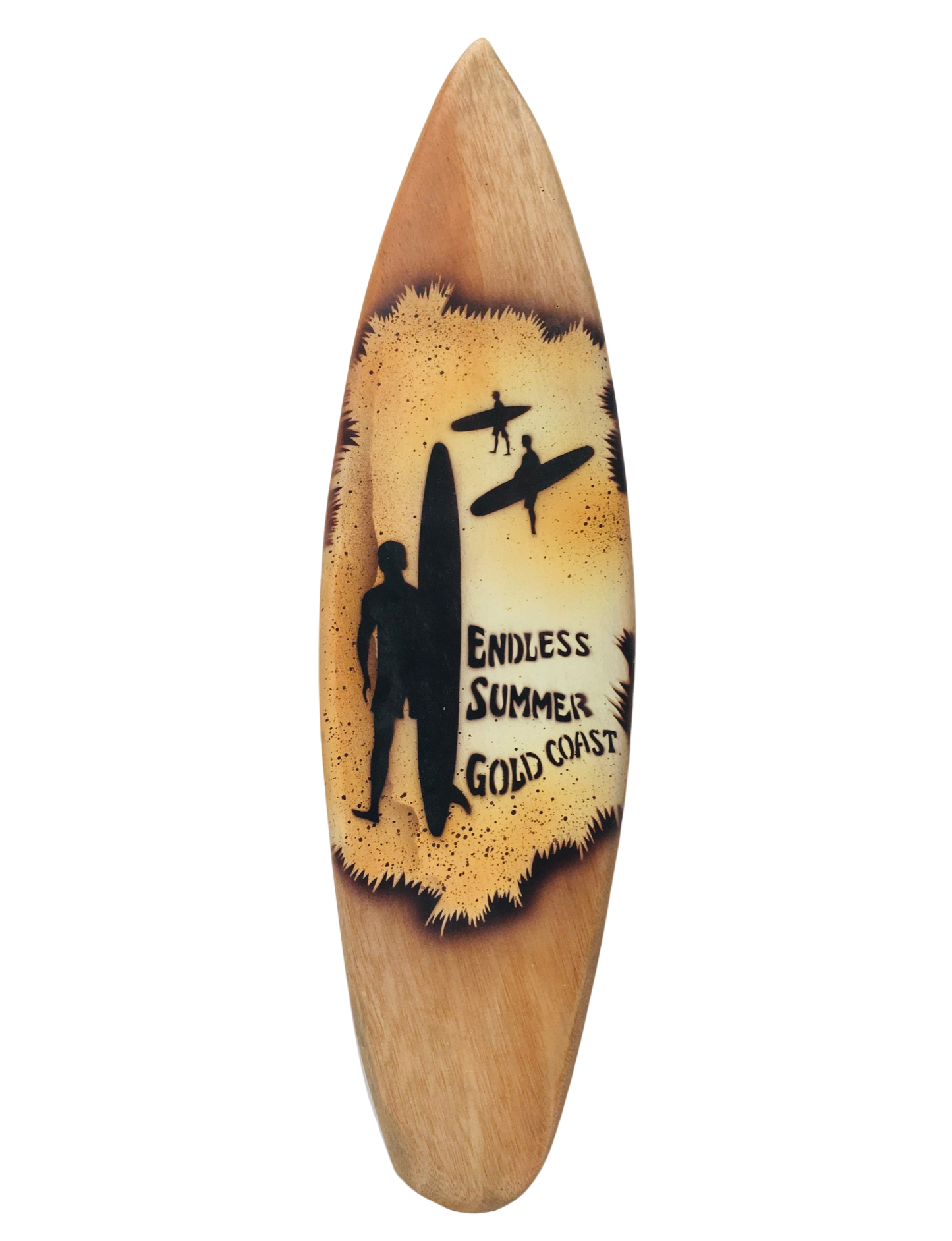 A light brown surfboard shaped piece of wood with 'Endless Summer, Gold Coast' writing. And three men carrying surboards.