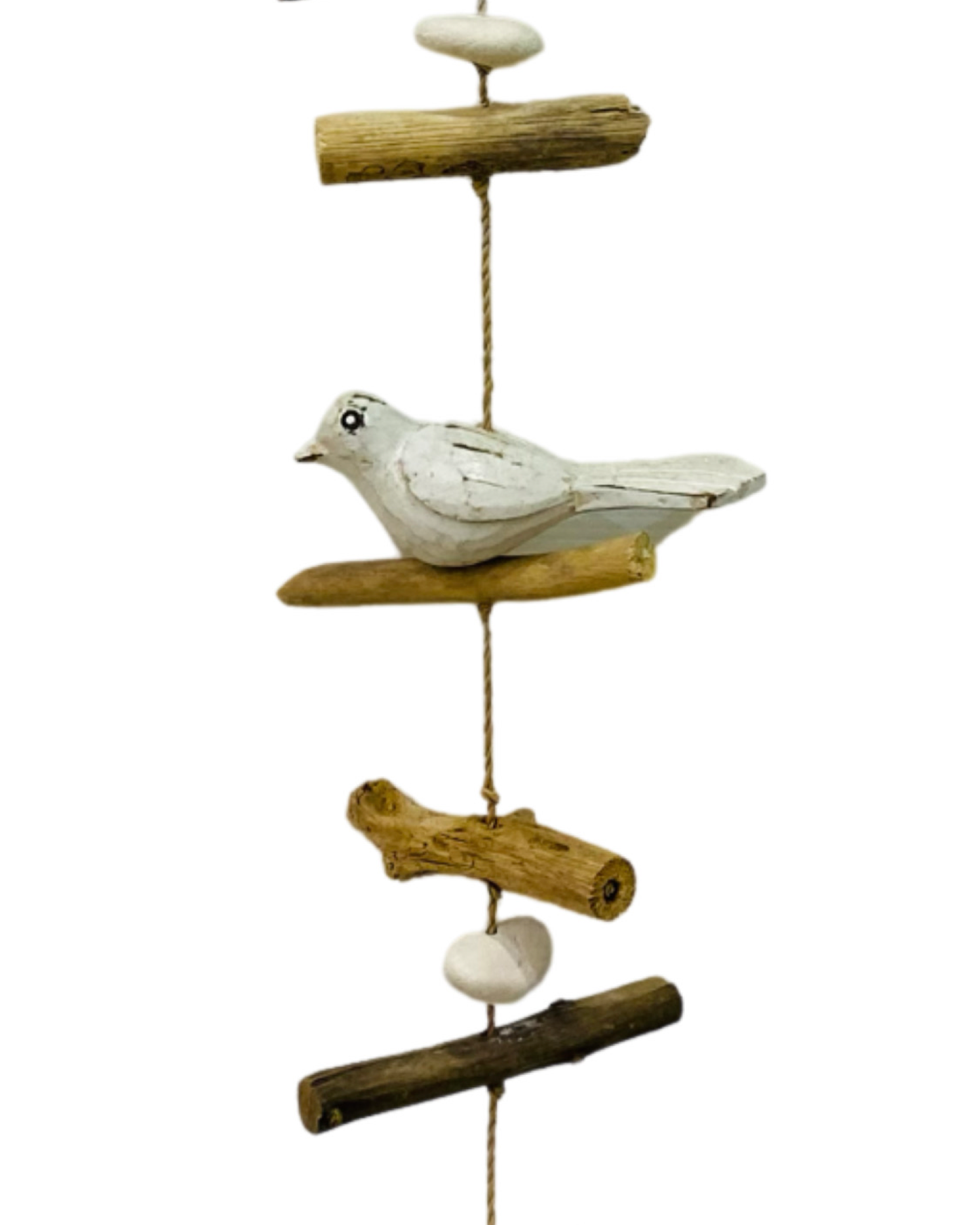 A wooden driftwood hanger with three birds, pebbles and driftwood pieces. Available with brown or white birds.