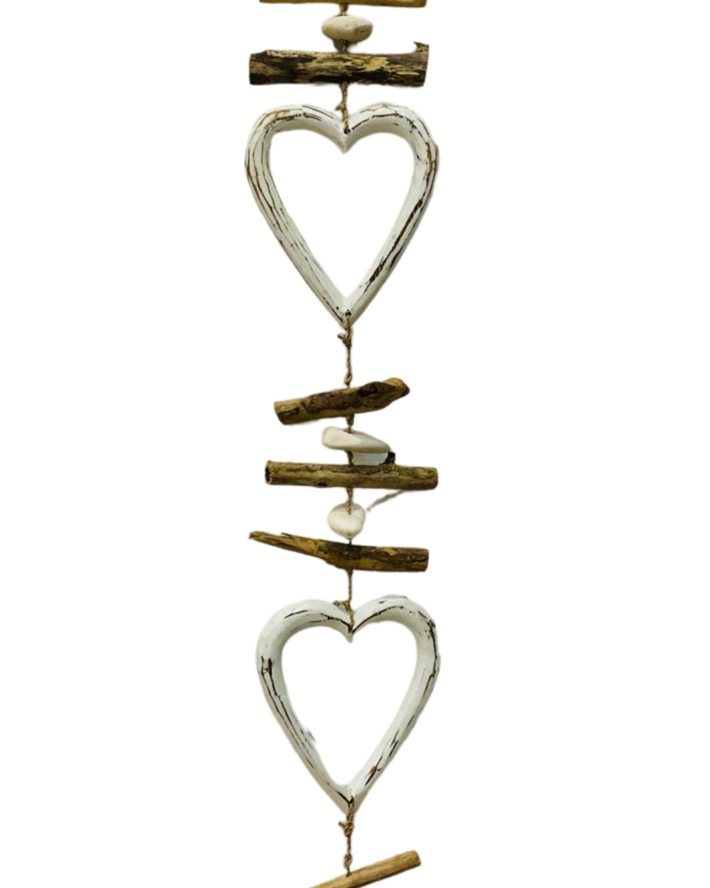 A hanger with three wooden painted white love hearts, white pebbles and driftwood pieces.