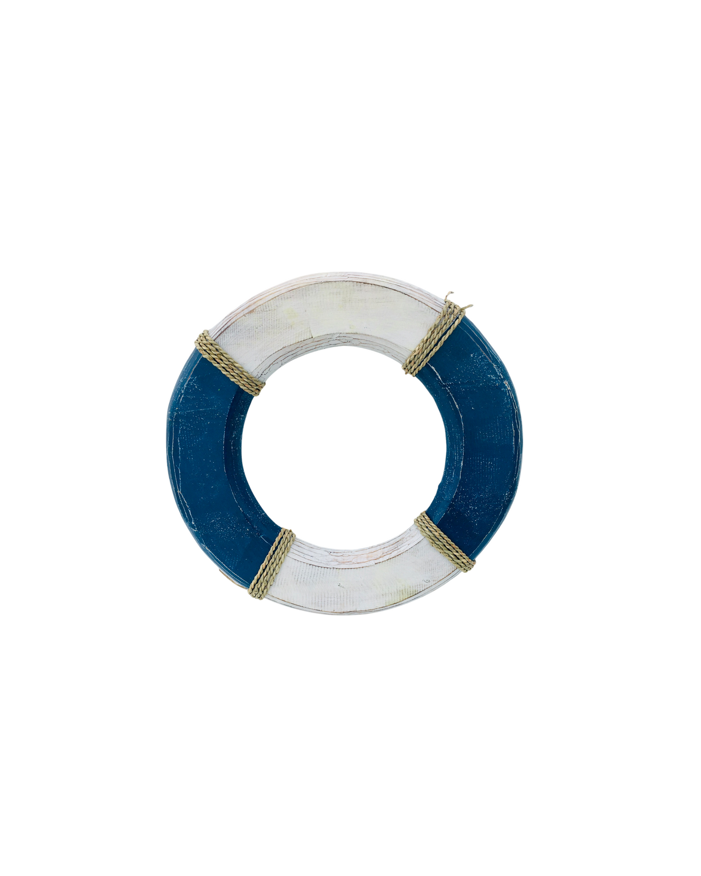 Classic wooden style Lifebuoy's with rope tied around them. Available in Aqua and Navy.
