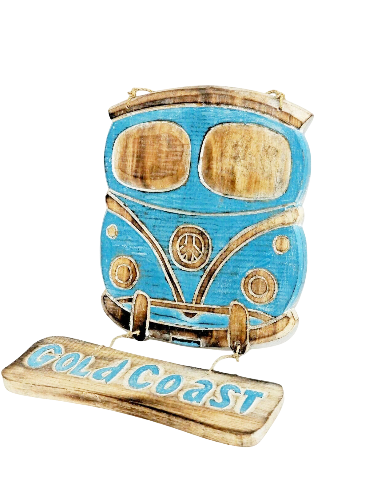 A wooden hanger shaped in to Blue Combi Car with 'Gold Coast' writing on it.