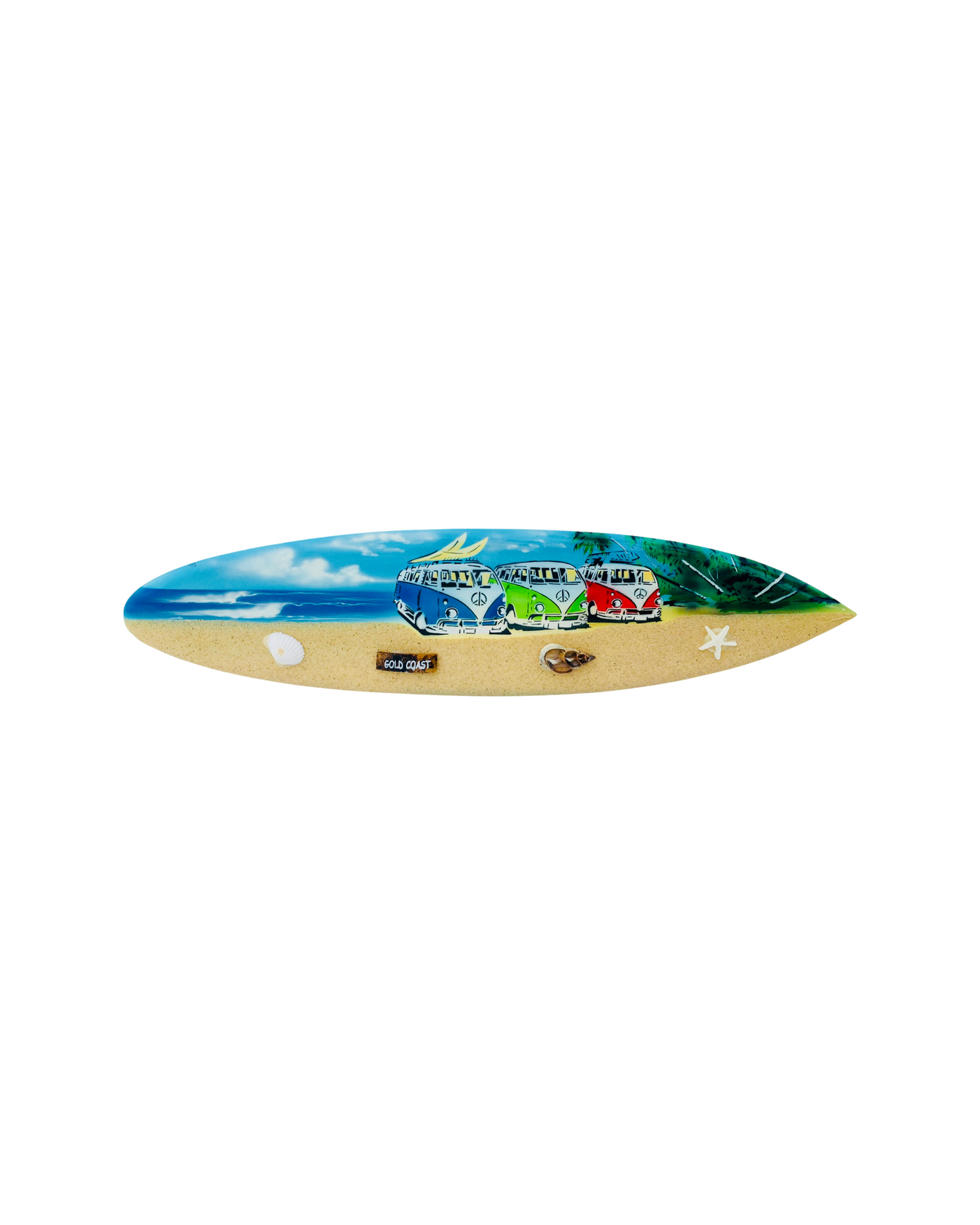 Different style surfboards with combis, shells and sand art.