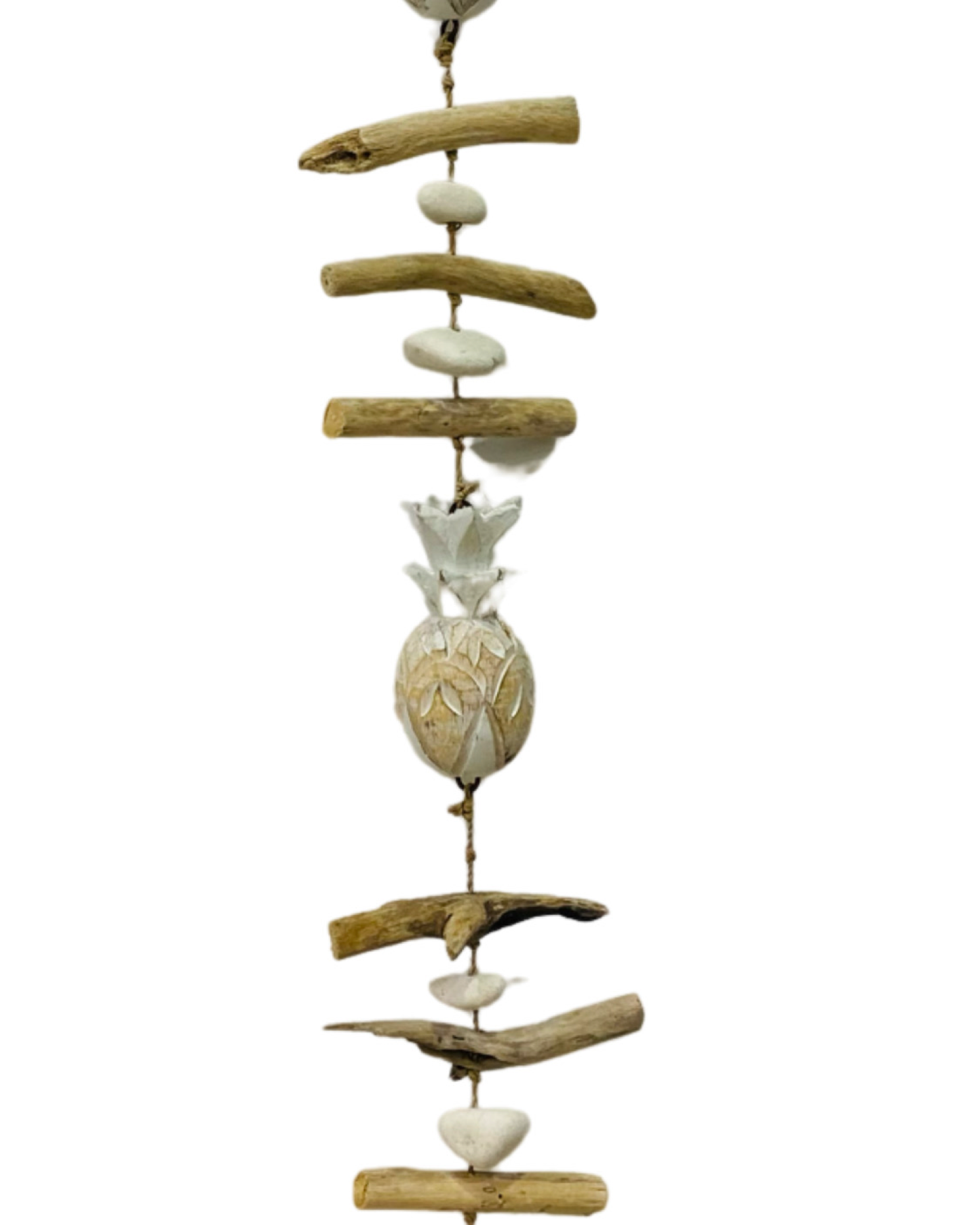 A hanger with three wooden pineapples, white pebbles and driftwood pieces. Pineapples are available in white, green or navy.