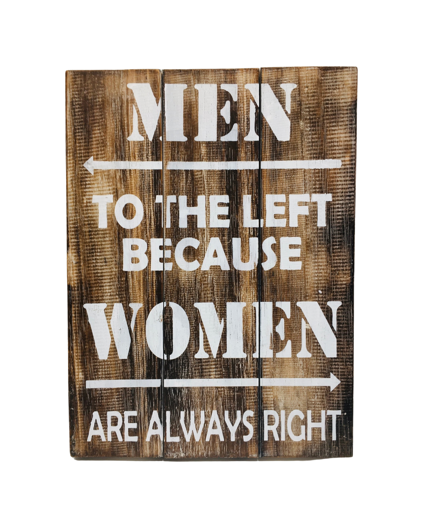 A wooden sign that says - Men to the left because women are always right.