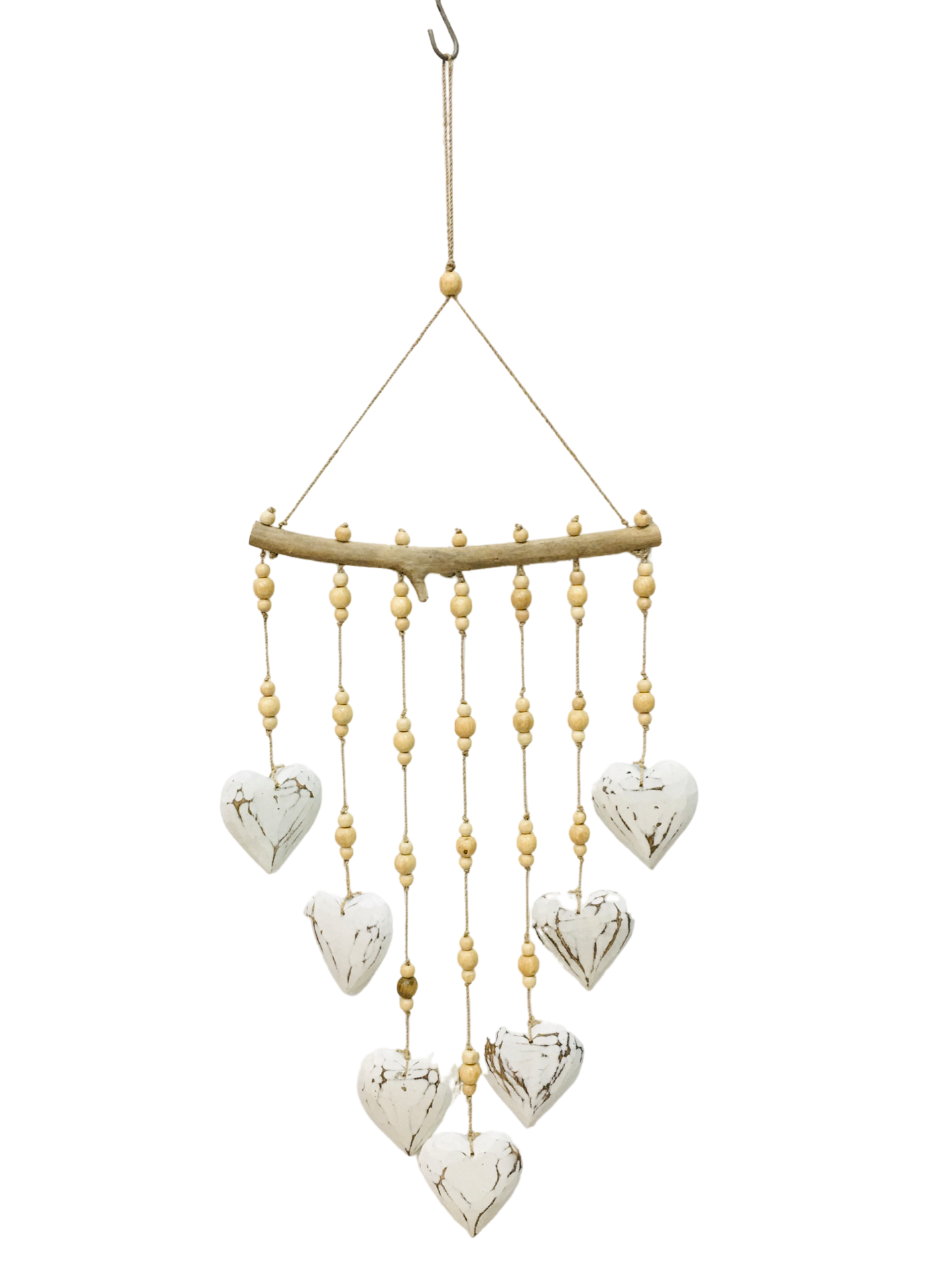 A hanging mobile with seven white love hearts and brown patterned carving on each heart.