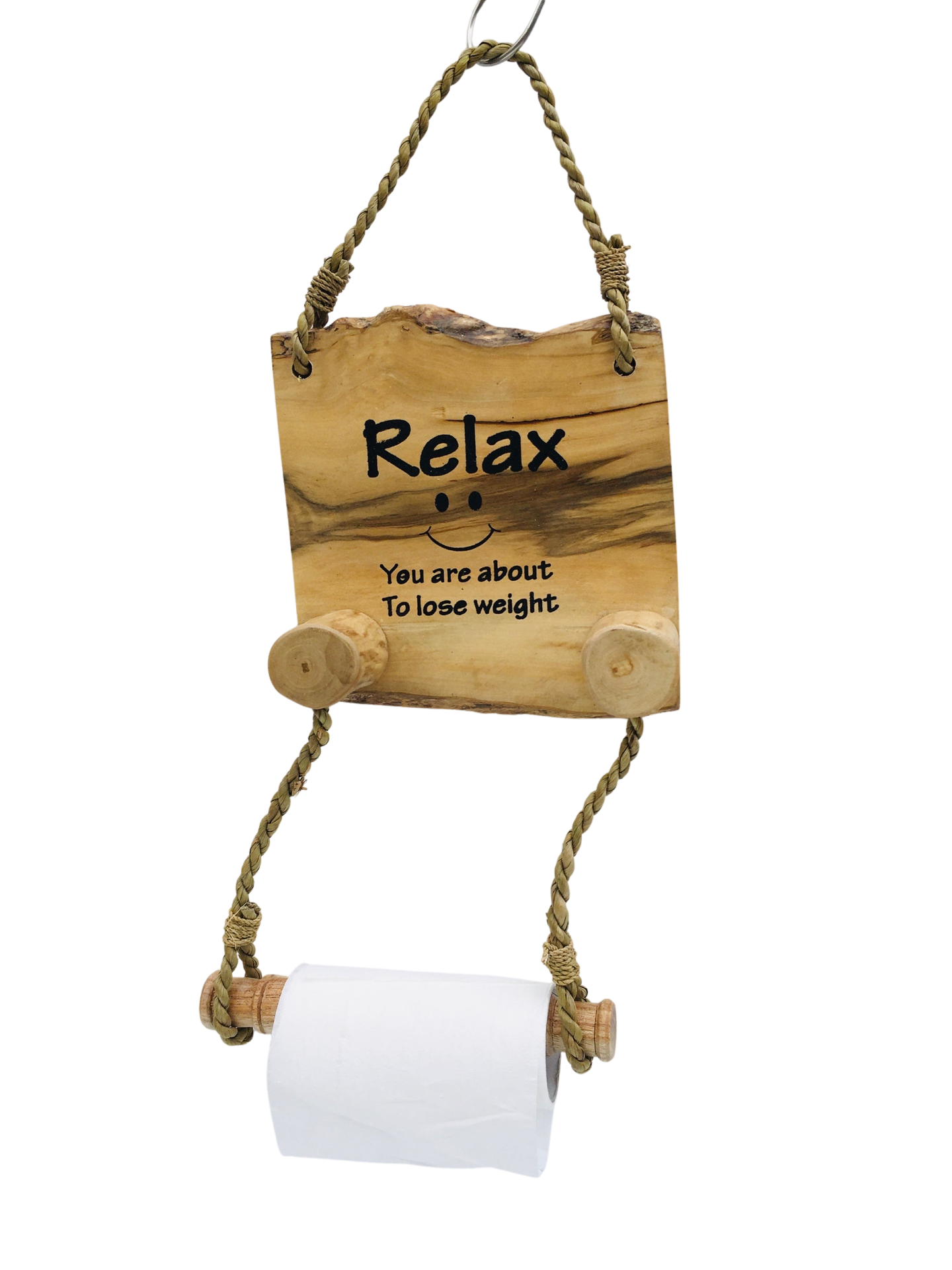 A wooden toilet paper roll holder that says - Relax, you are about to lose weight'. Available in brown or white.
