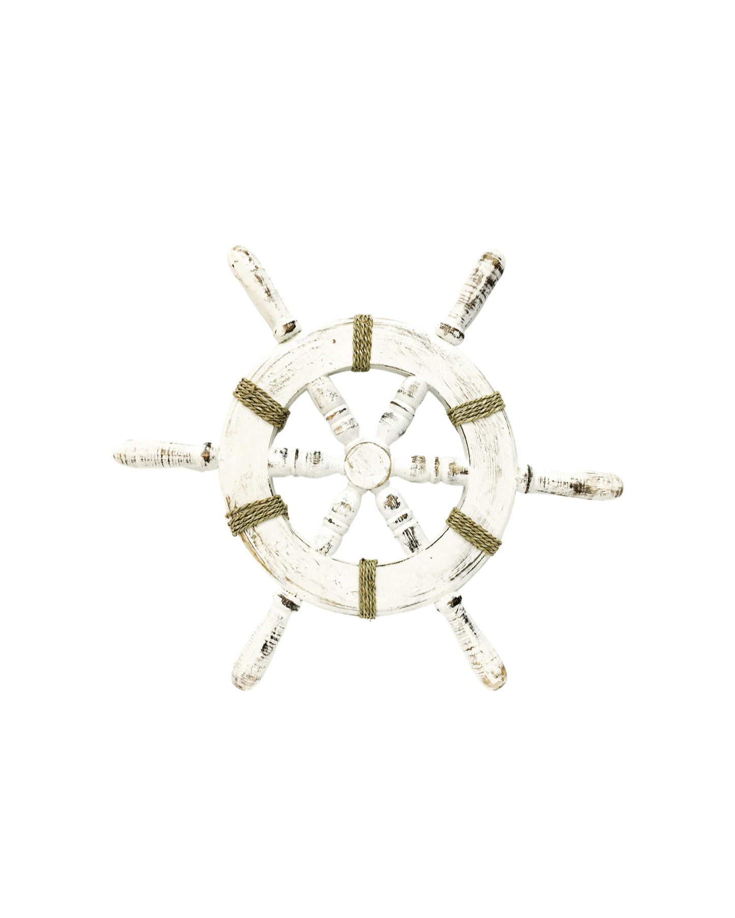 A white wash wooden style ships wheel with brown rope tied around it.