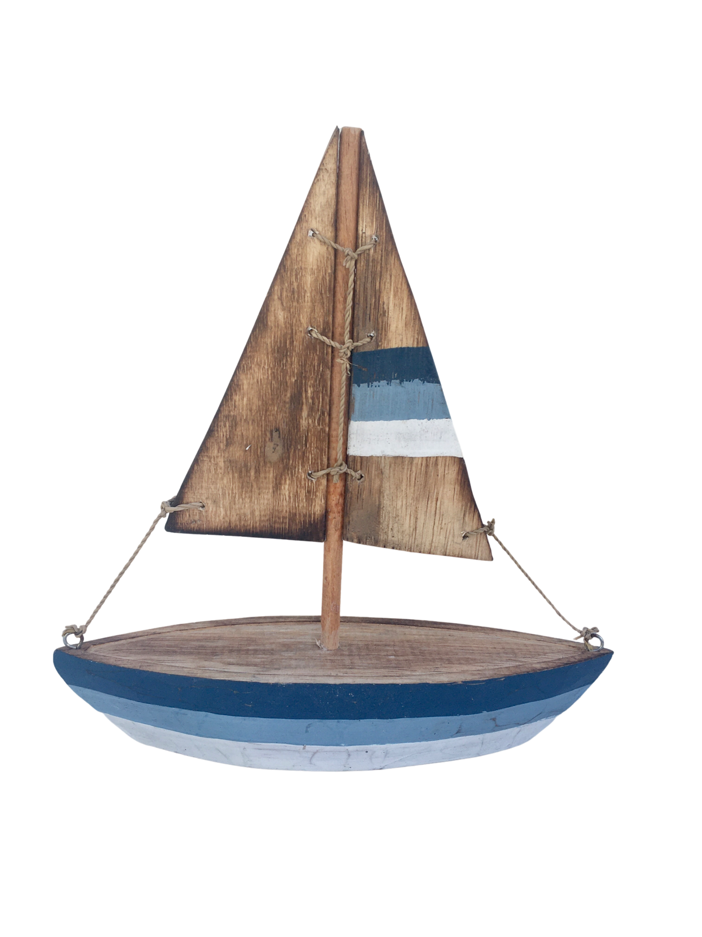 A brown wooden sailing boat with blue and white detailing.