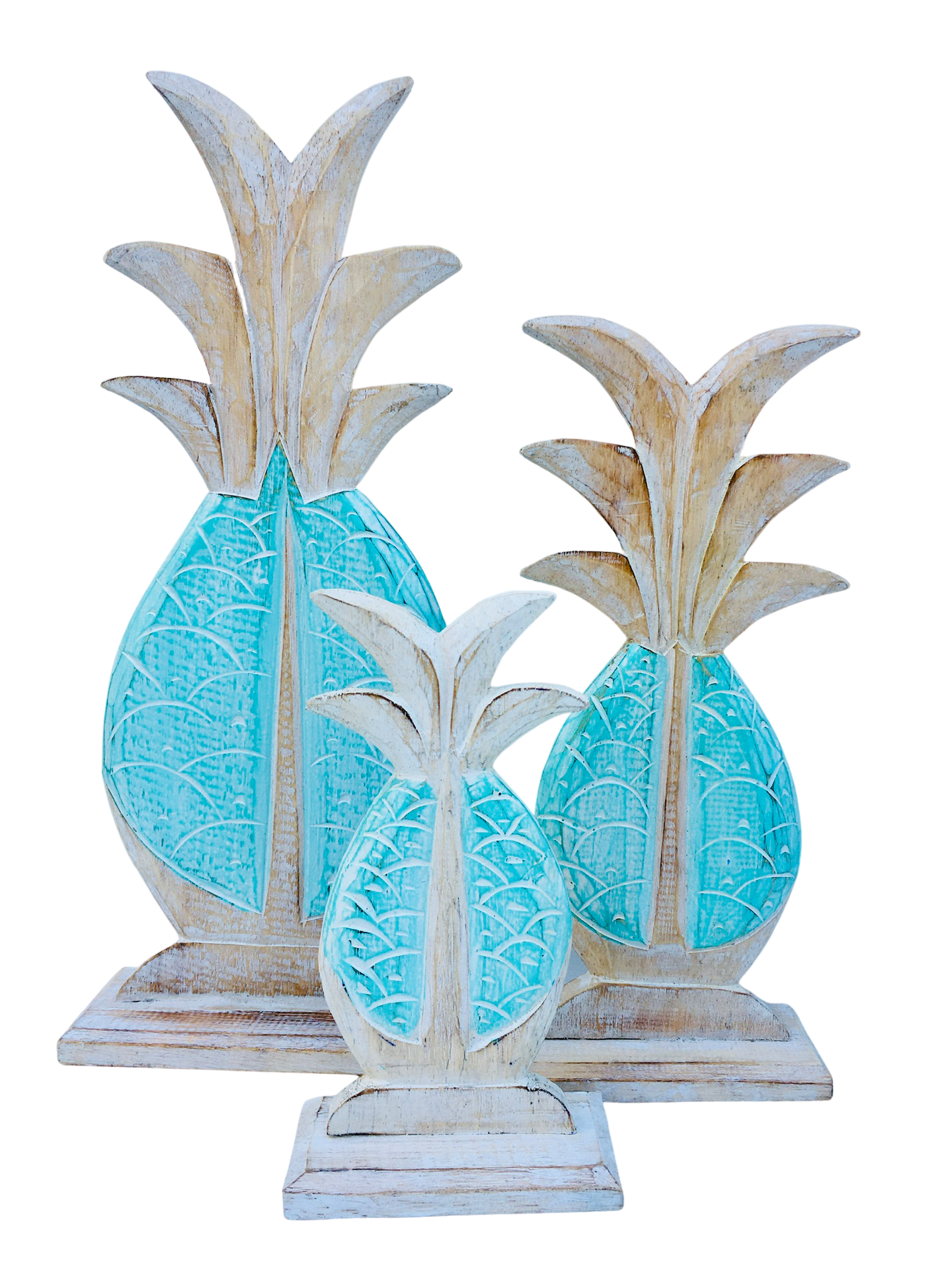 Wooden carved standing pineapples available in different colours and sizes.