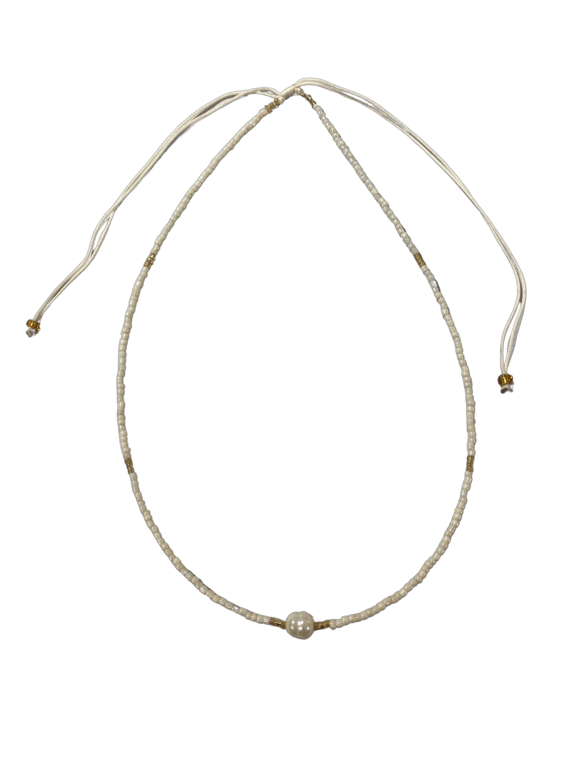 Cream Beads with Single Pearl Look Bead Necklace - Tan Cord- Pack 10