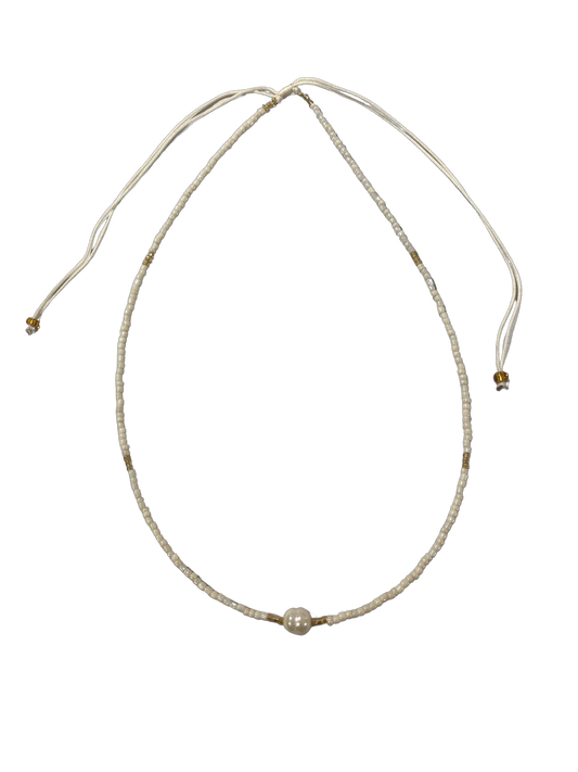 Cream Beads with Single Pearl Look Bead Necklace - Tan Cord- Pack 10