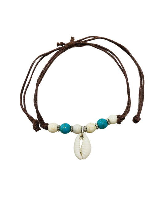 Brown Cord Blue & White Beads with Single Cowrie Shell