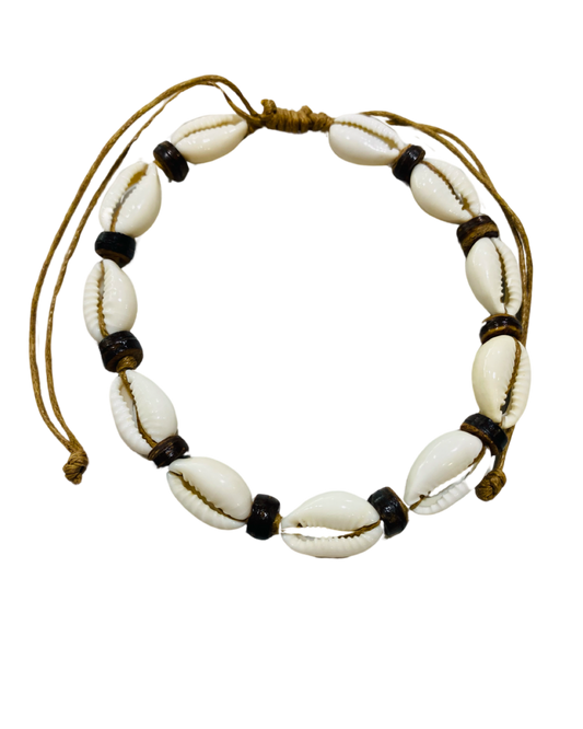 Cowrie Shell & Brown Bead Anklets - Pack 10