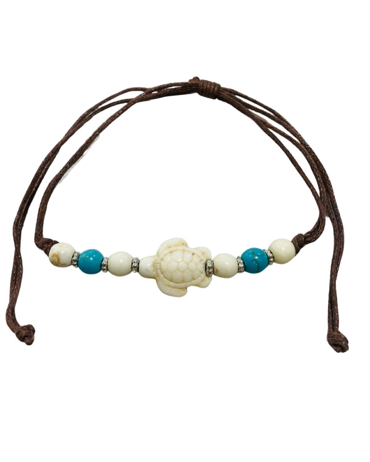 Brown Cord Blue & White Beads with White Turtle