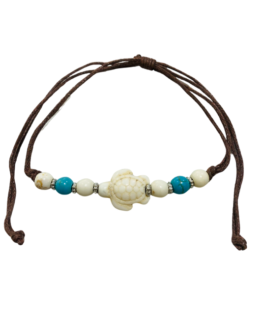 Brown Cord Blue & White Beads with White Turtle
