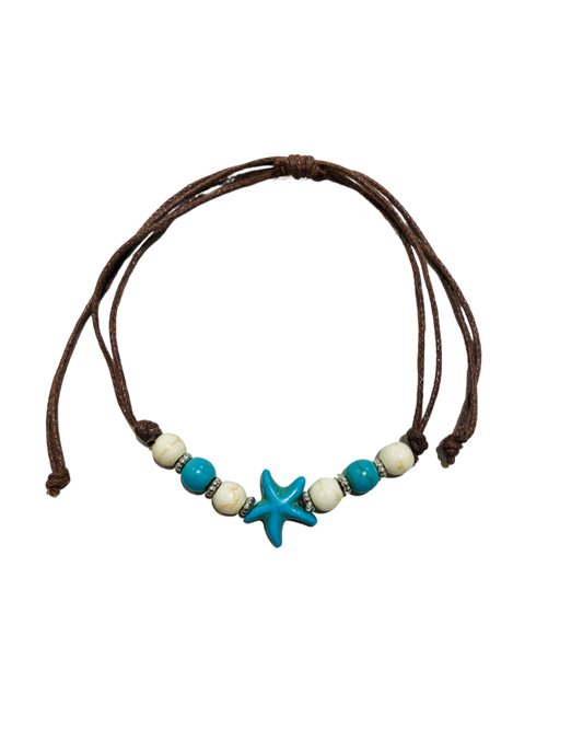 Brown Cord Blue & White Beads with Blue Starfish