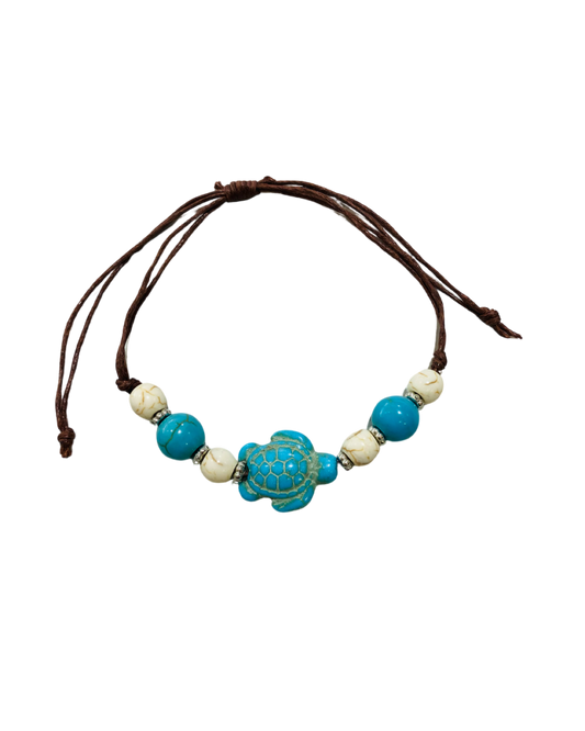 Brown Cord Blue & White Beads with Blue Turtle