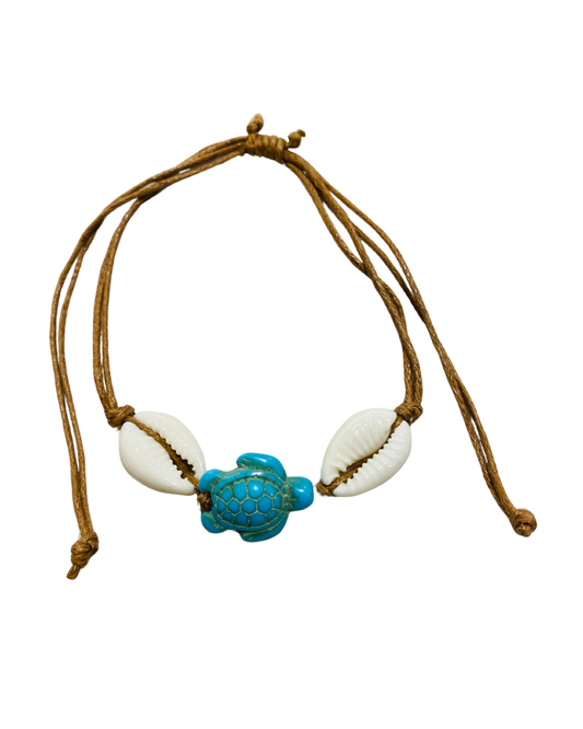 Tan Cord Double Cowrie Shell with Blue Turtle