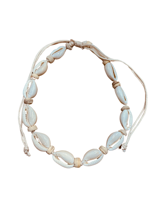 Cowrie Shell & Cream Wood Bead Anklets - Pack 10