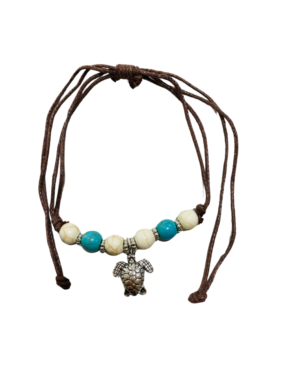 Brown Cord Blue & White Beads with Silver Turtle