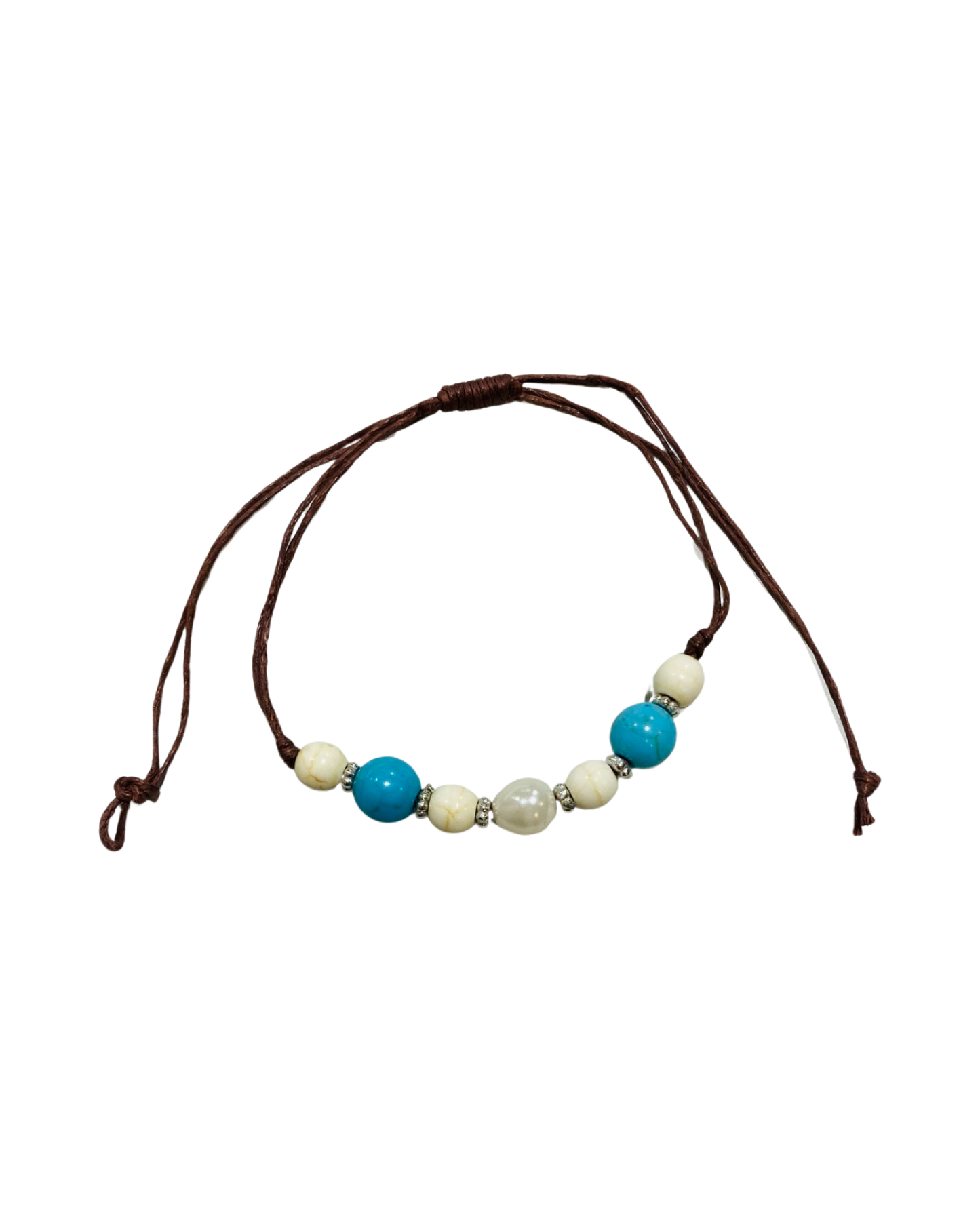 Brown Cord Blue & White Beads with Pearl
