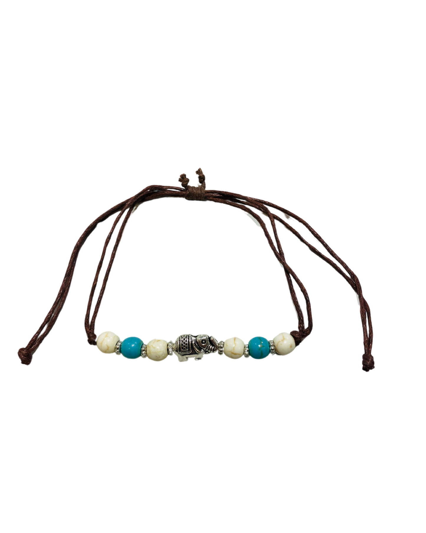 Brown Cord Blue & White Beads with Silver Elephant