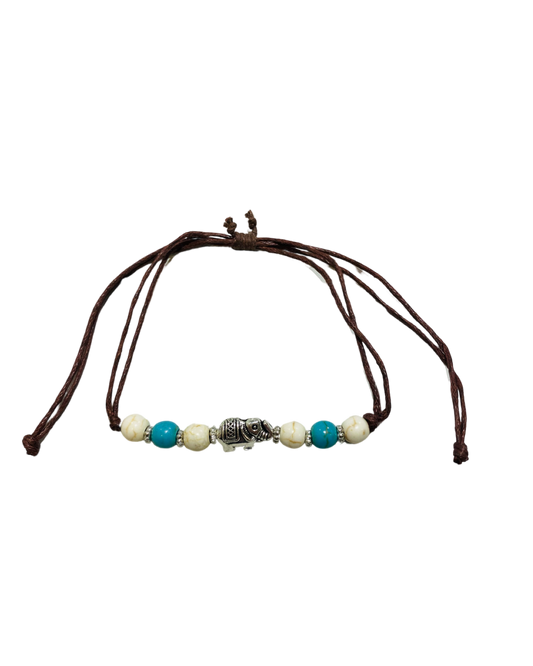 Brown Cord Blue & White Beads with Silver Elephant