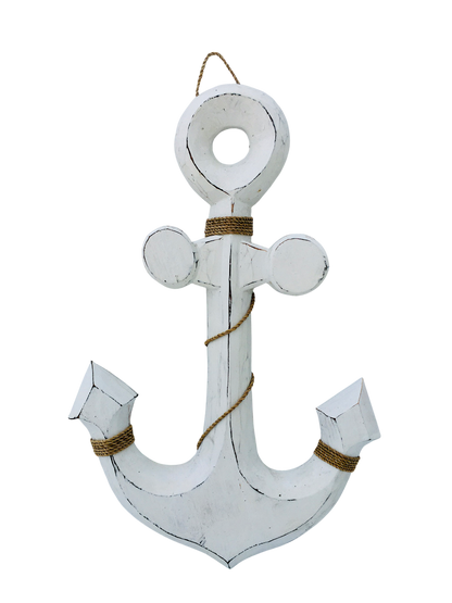 A wooden shaped anchor with brown rope tied around it. Available in white, navy and natural. 