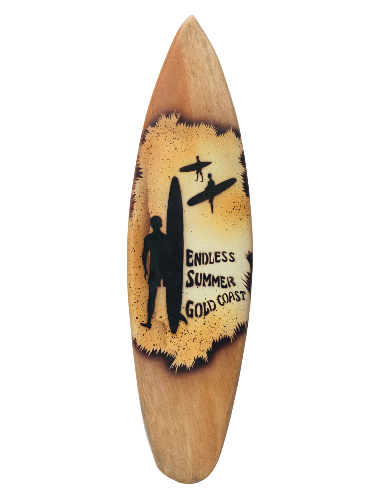 A light brown surfboard shaped piece of wood with 'Endless Summer, Gold Coast' writing. And three men carrying surboards. 