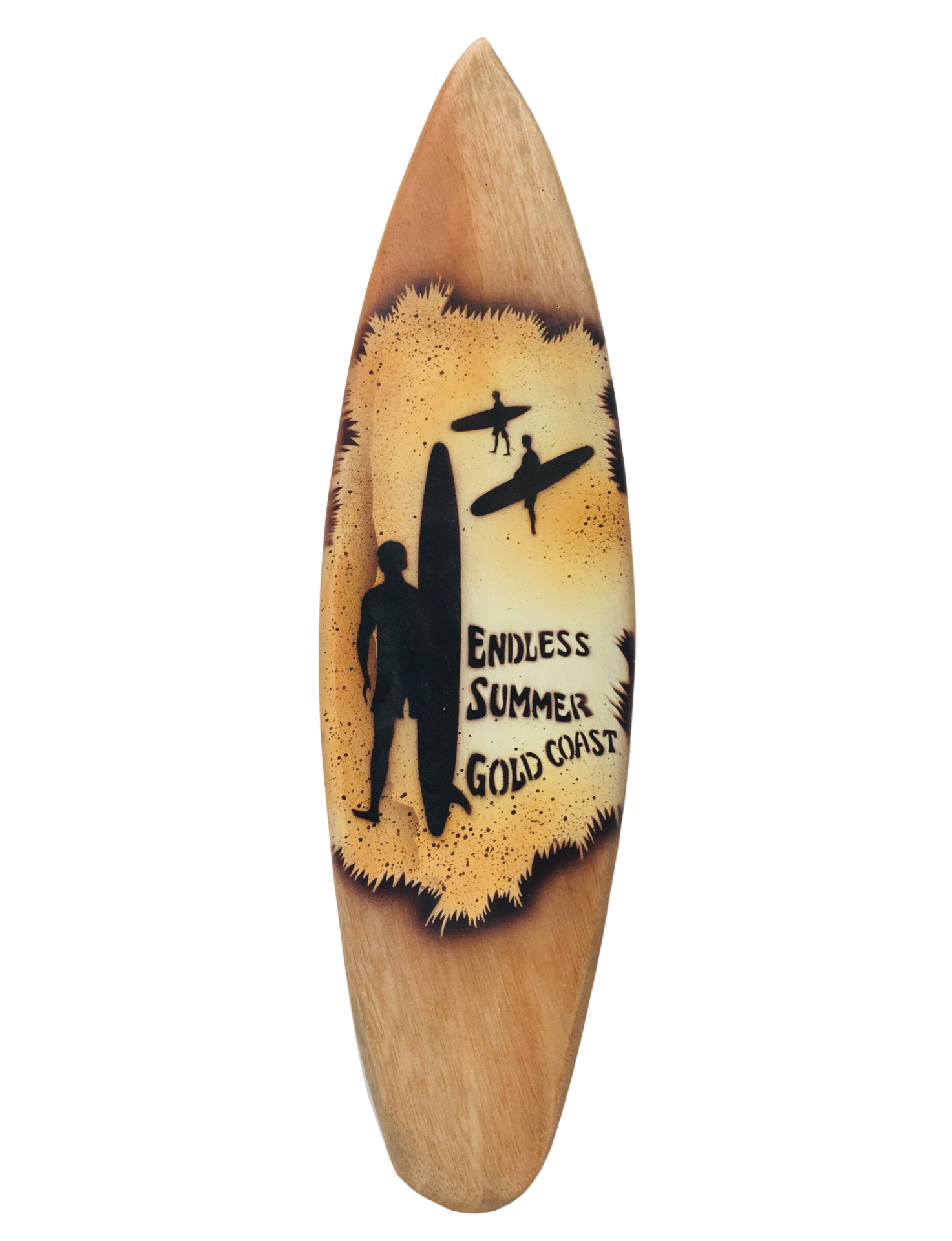 A light brown surfboard shaped piece of wood with 'Endless Summer, Gold Coast' writing. And three men carrying surboards. 