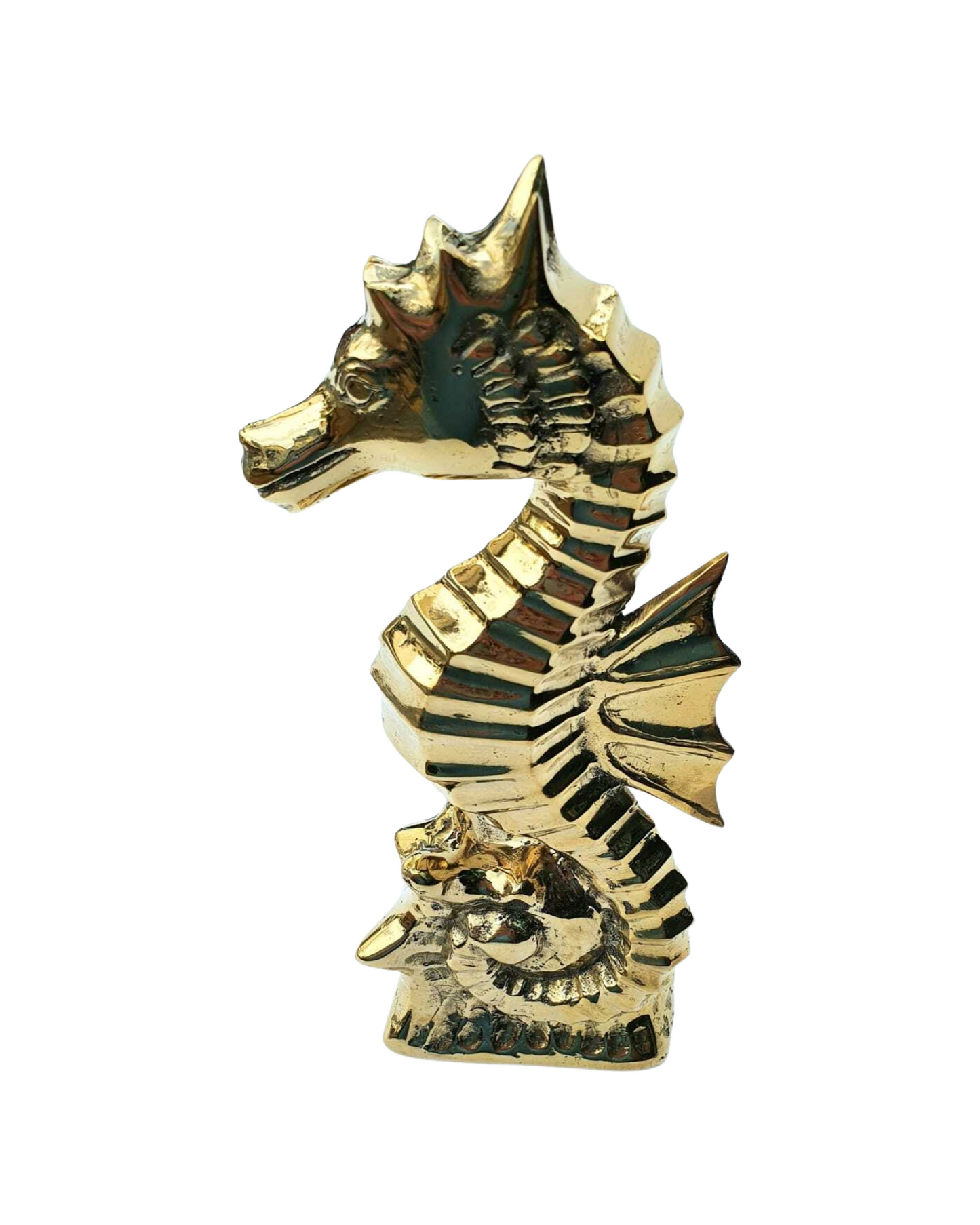 A standing sea horse made out of brass 
