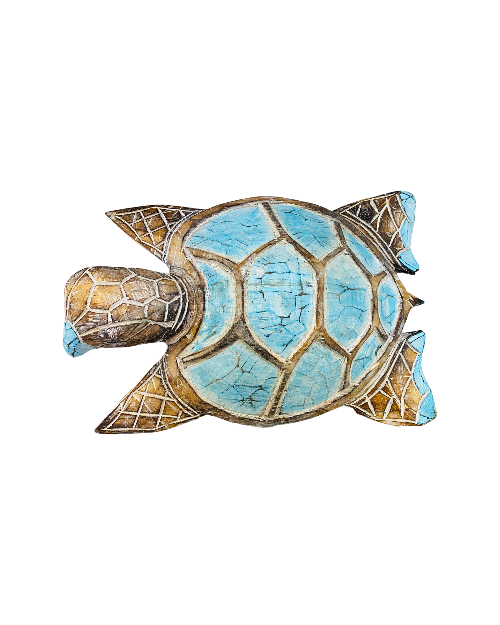 Wooden carved turtles in a set of three in brown with blue detailing. 