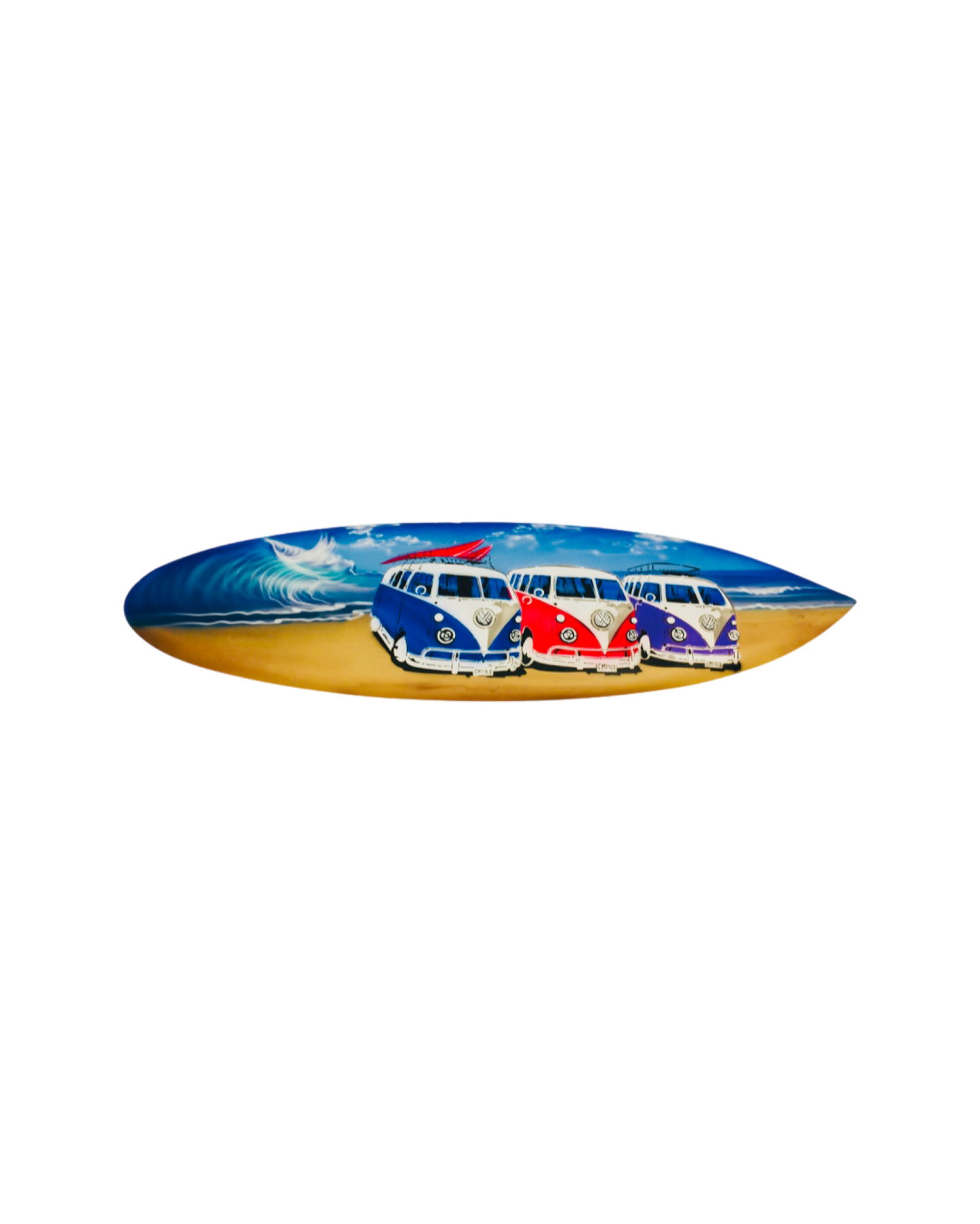 A wooden surfboard with three coloured combis on the beach. Available with 'Surfers Paradise' writing or plain. 