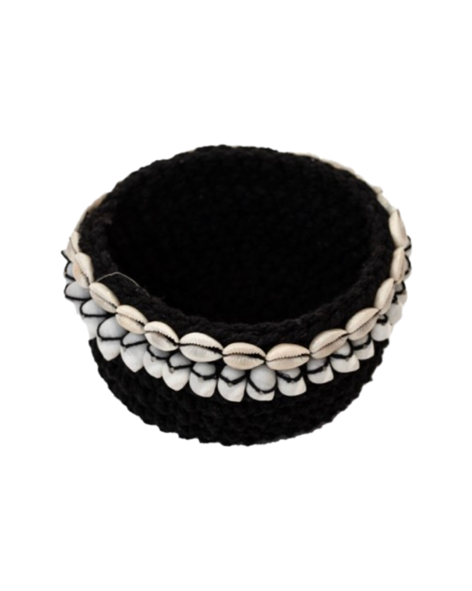 A small black crochet basket with white shells wrapped around the basket. 