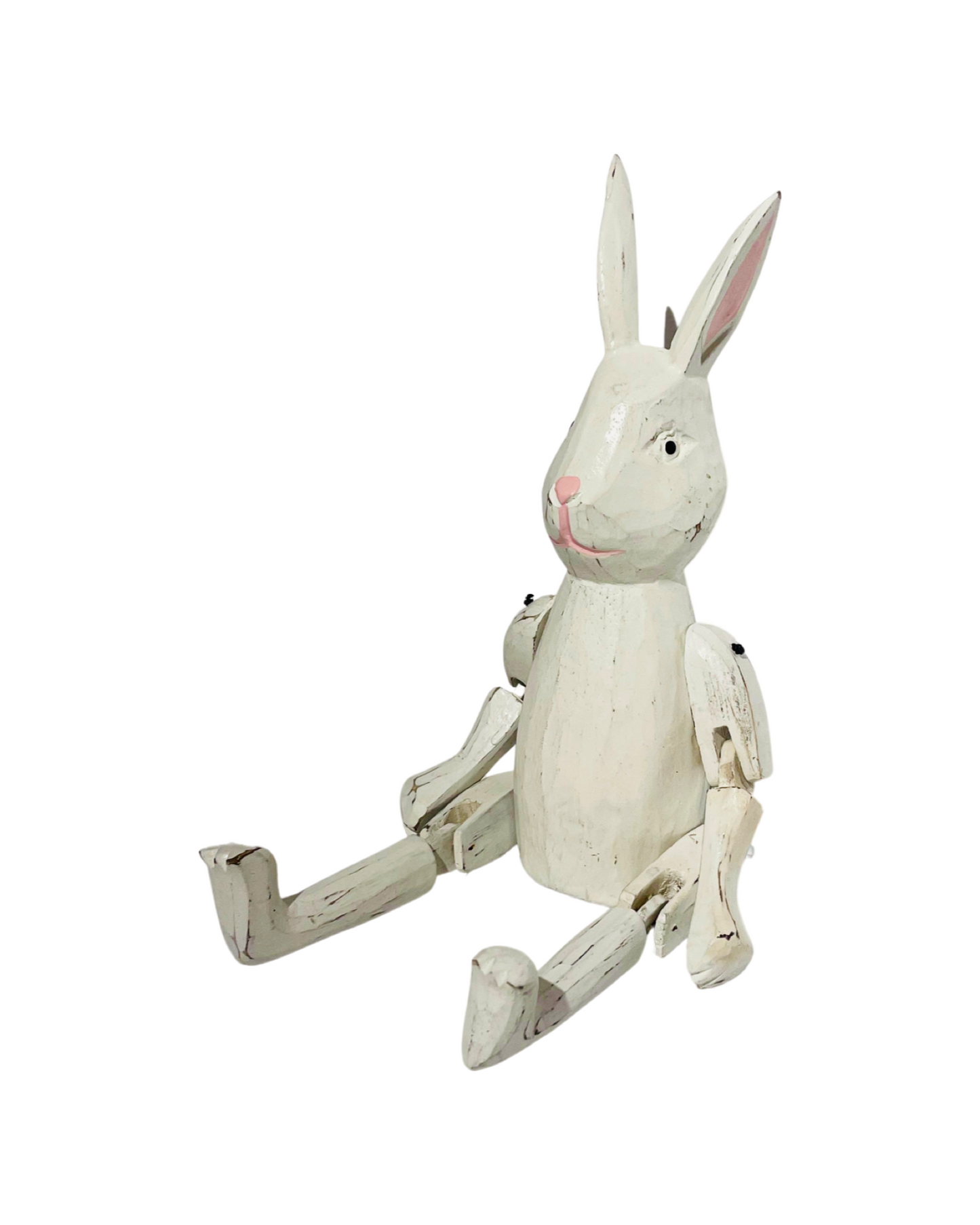 A white wash wooden sitting rabbit. Available in three different sizes. 
