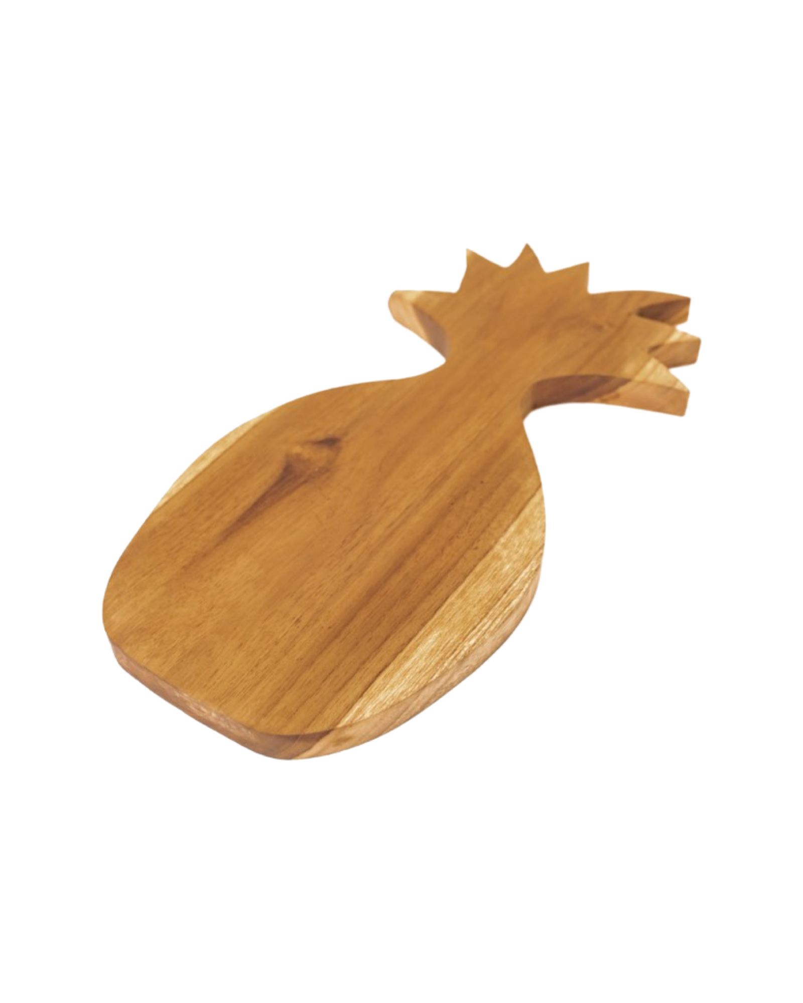 A wooden teak serving board shaped into a pineapple