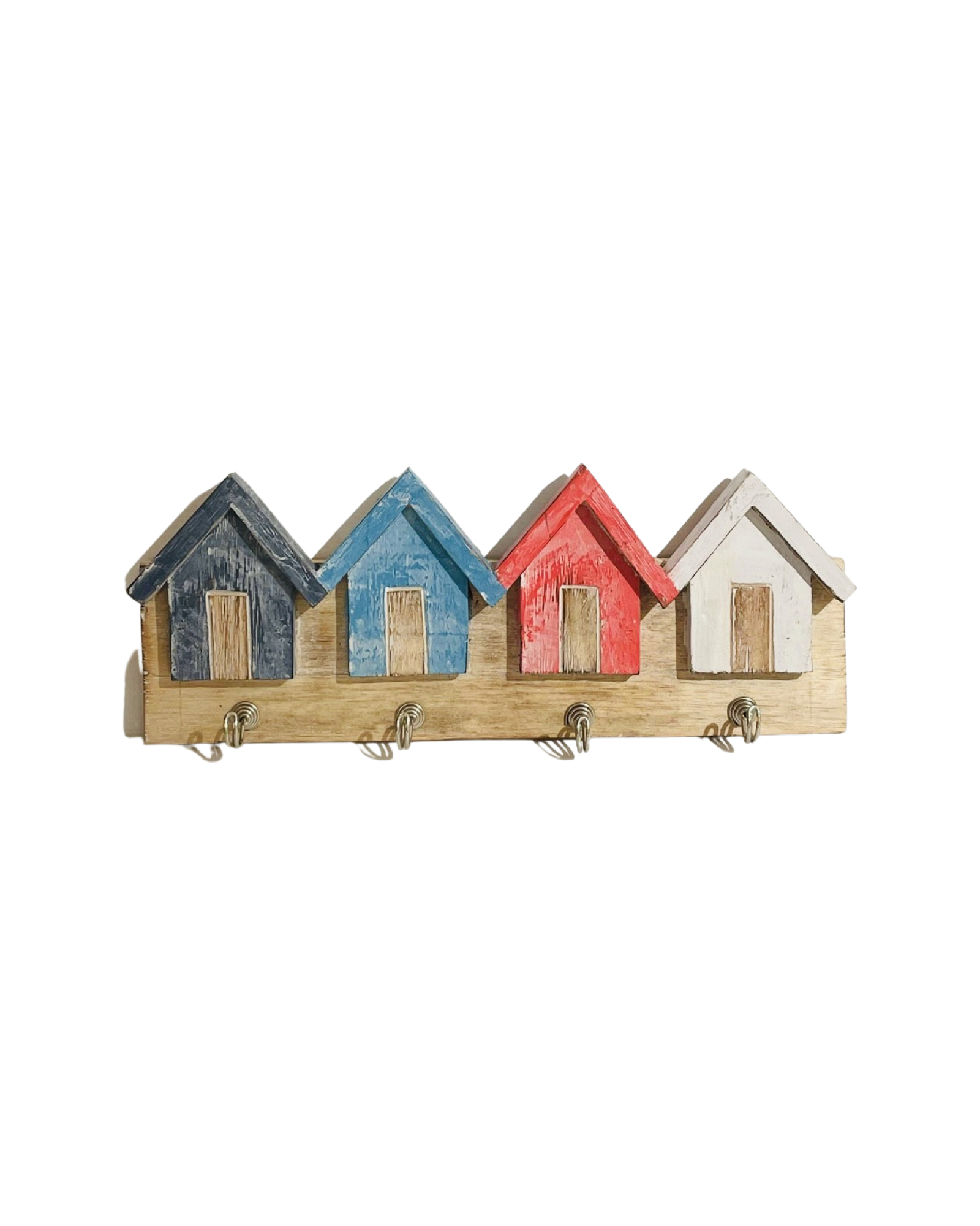 Wooden Hanger with 4 carved beach houses and 4 hooks