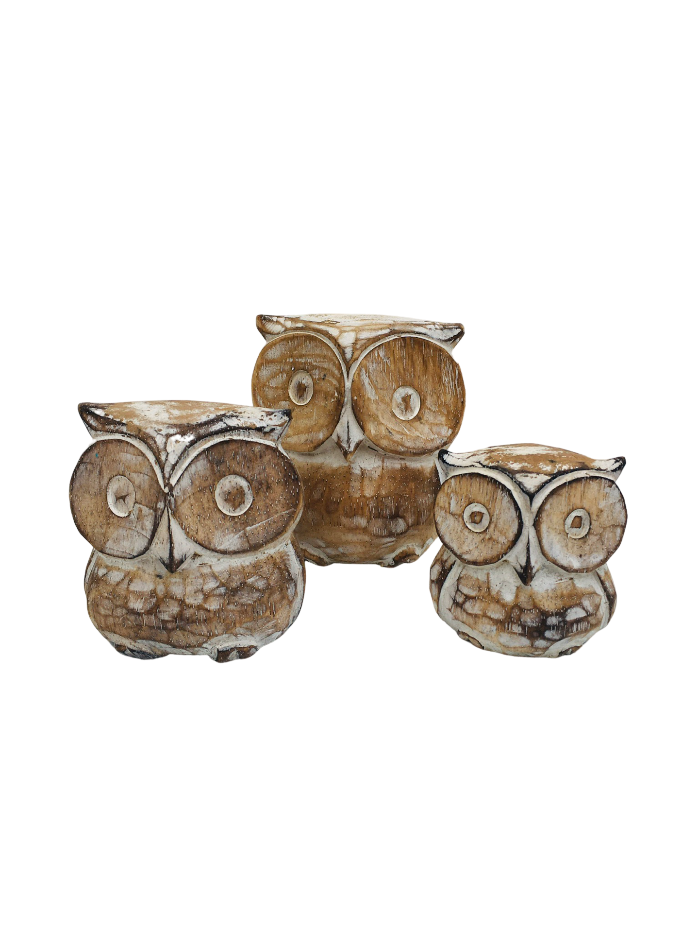 Set of three wooden carved owls. Available in a brown or white finish.