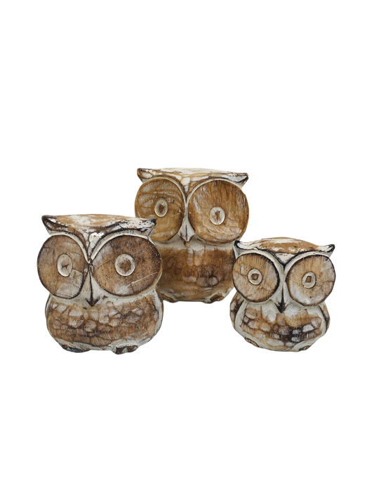 Set of three wooden carved owls. Available in a brown or white finish.