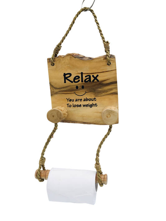 A wooden toilet paper roll holder that says - Relax, you are about to lose weight'. Available in brown or white. 