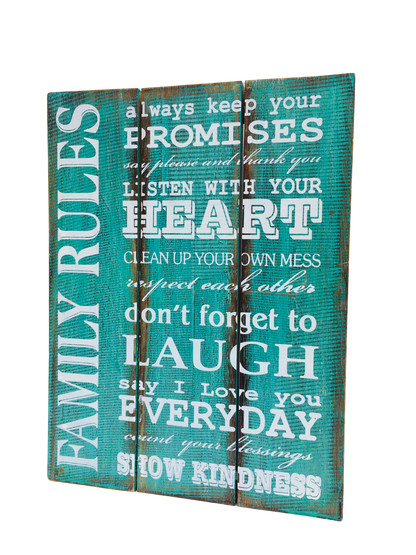 Wooden sign that says - Family Rules, always keep your promises, say please and thank you, listen with your heart, clean up your own mess, respect each other, don't forget to laugh, say i love you everyday, count your blessings, show kindness. 