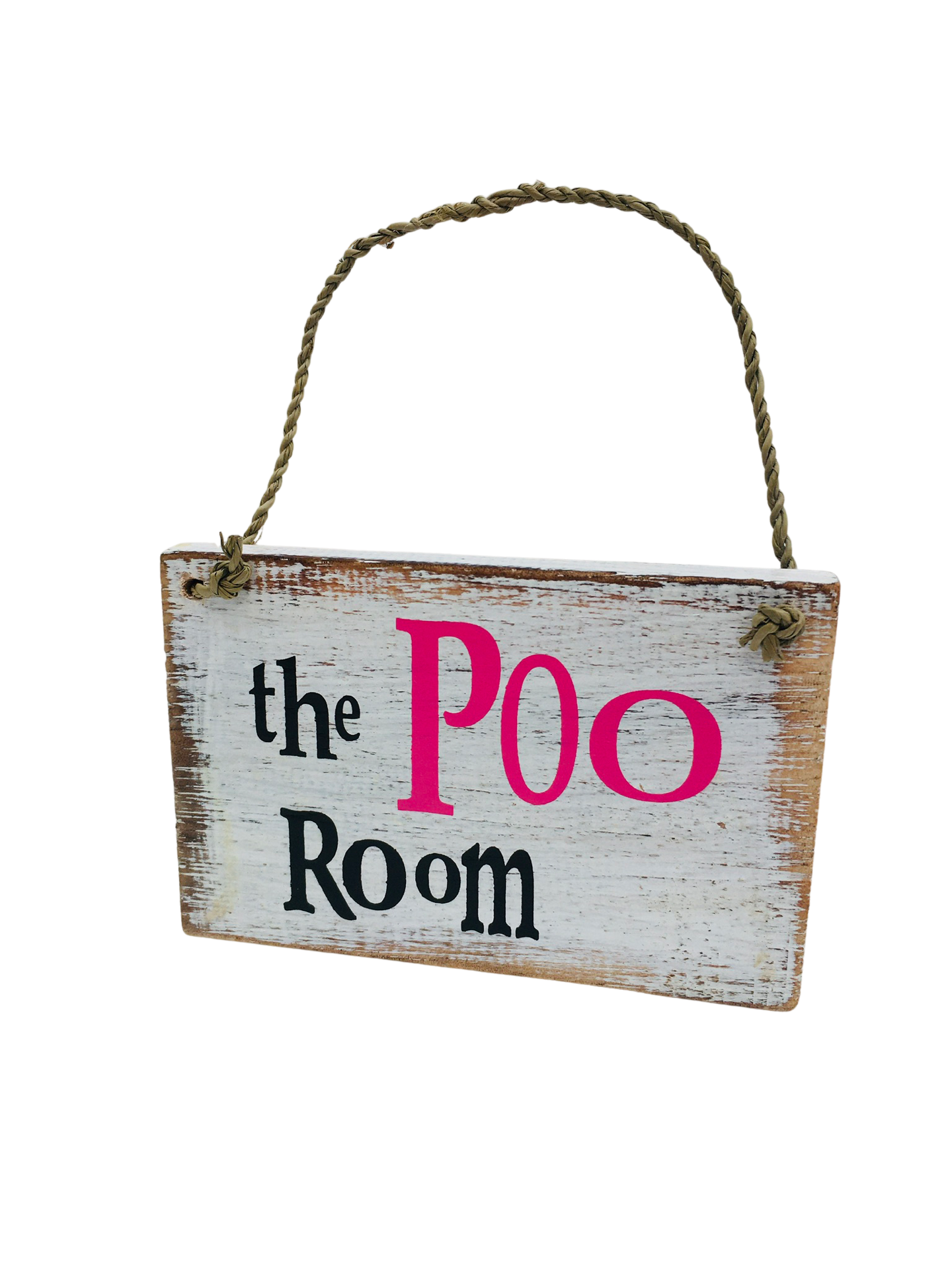 A small wooden sign that says 'The Poo Room".