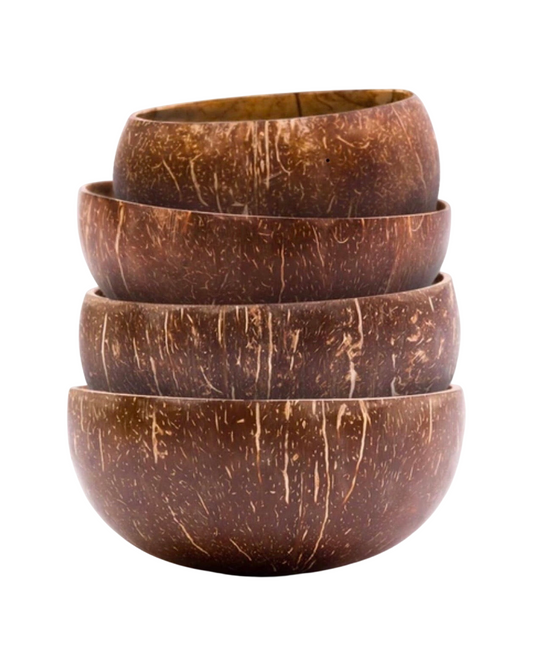 Set of four brown coconut bowls.