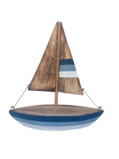 A brown wooden sailing boat with blue and white detailing. 