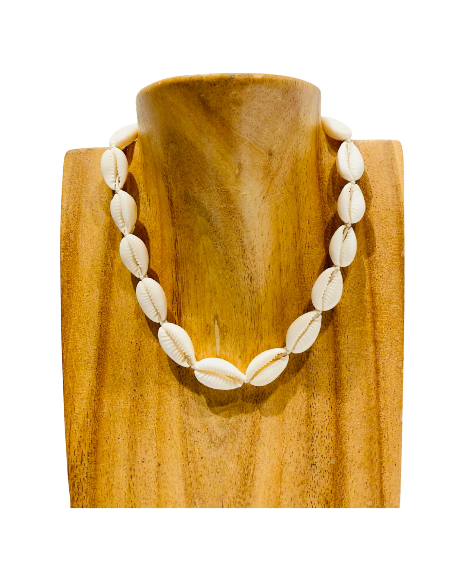 Adjustable cowrie necklace with white shells and white string.