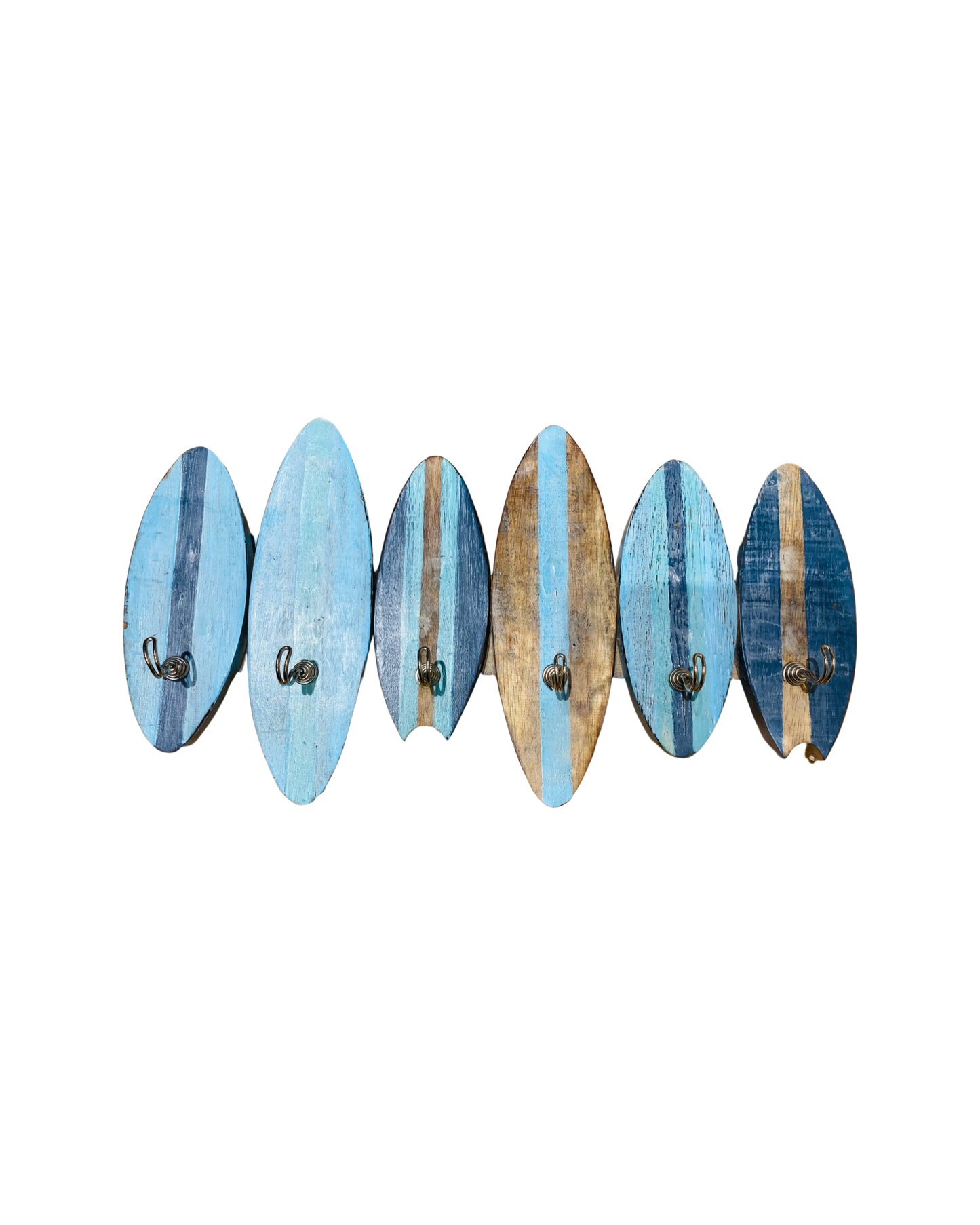 A wall art hanger with six carved surfboards in different shades on blue and six silver hangers to hold various items. 